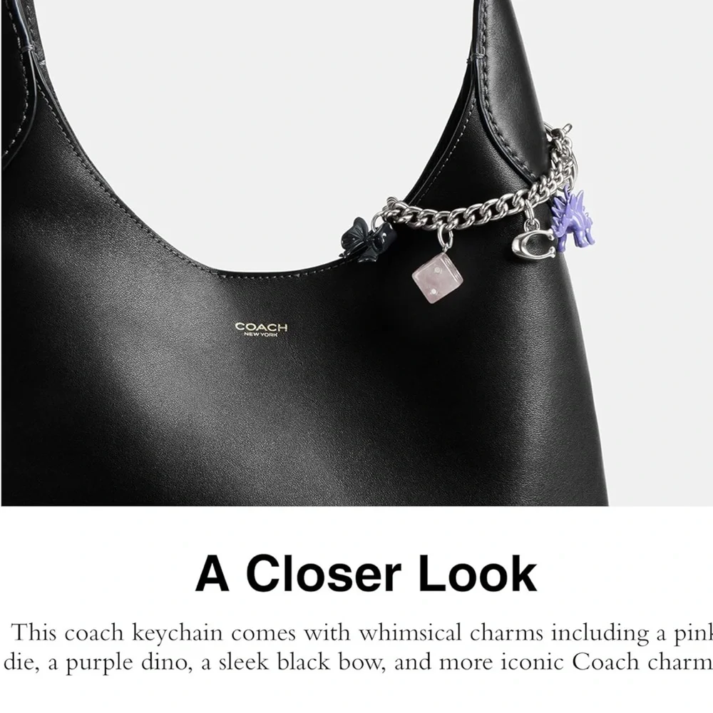 New Coach Silver Motif Chain Bag Charm with Purple Dinosaur, Heart, Bow, Dice